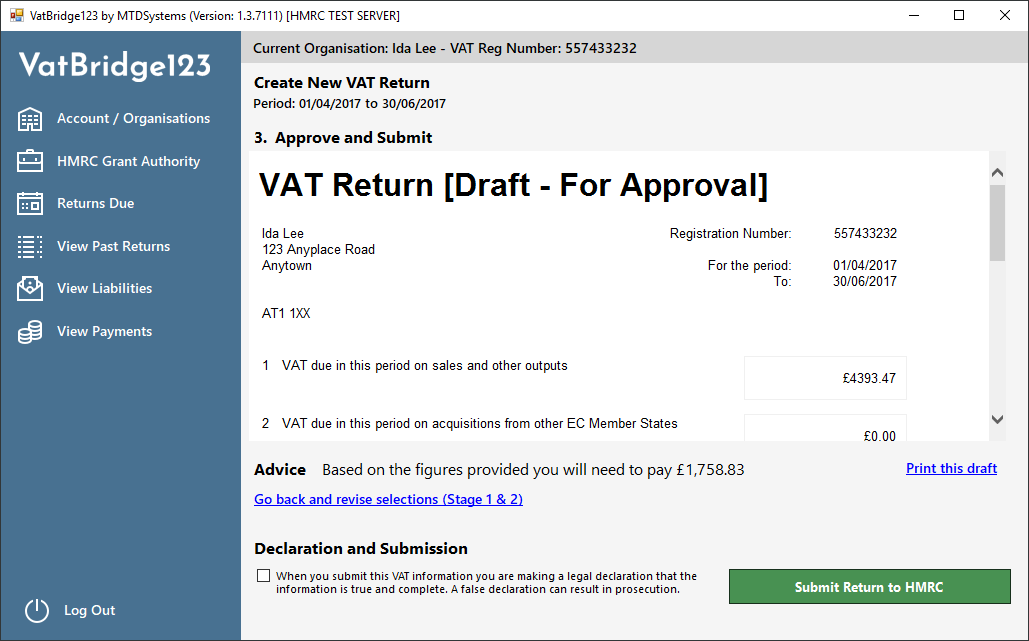 Create new VAT return using MTD bridging software